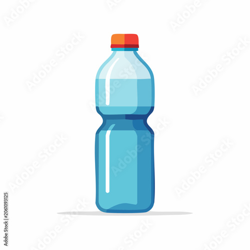 Illustration of a blue plastic bottle filled with water and an orange cap