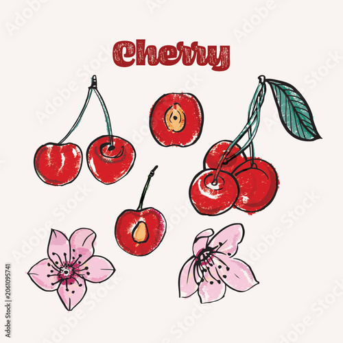 Cherry fruit colorful hand drawn crayon doodle Illustration Set; fruit, flowers and leaves