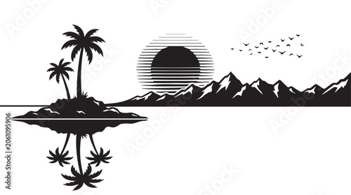 Tropical island getaway with palm trees and mountain range