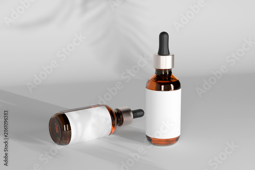Cosmetic serum dropper bottles mockup with blank white label, amber glass essential oil templates for skincare branding presentation, standing and lying position, realistic 3d render