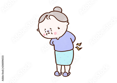 Bild auf Leinwand Senior woman holding her lower back in pain with a rounded back, lumbago or frai