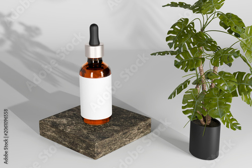 Cosmetic serum dropper bottle mockup with blank white label on square stone pedestal near monstera plant, amber glass essential oil template for skincare branding, realistic 3d render