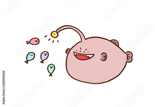 Quadro su tela Anglerfish smirking and luring small fish with its glowing lantern, sweet tempta