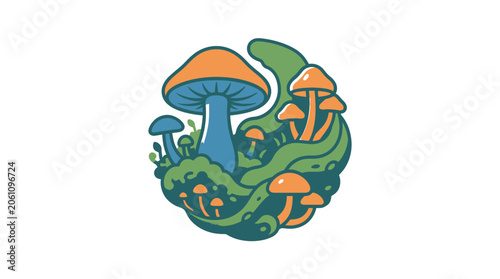 Magical forest mushrooms growing in a circular pattern.