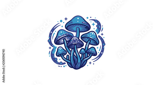 Magical Blue Mushrooms with Swirling Stars and Moon.