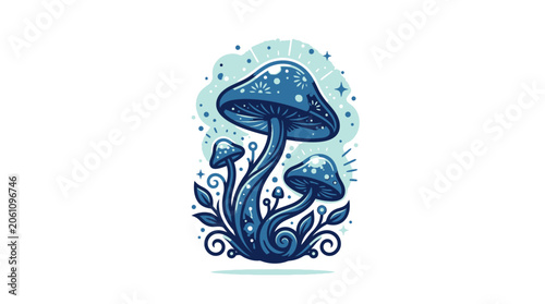 Magical Blue Mushrooms with Swirling Stems and Leaves.