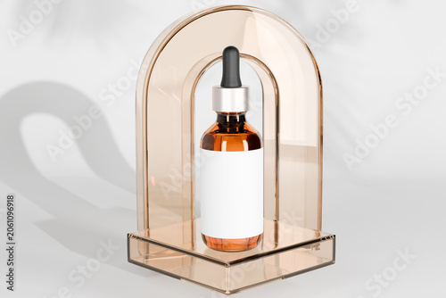 Cosmetic serum dropper bottle mockup with blank white label on transparent glass pedestal, amber glass essential oil template for skincare branding, realistic 3d render with leaf shadows