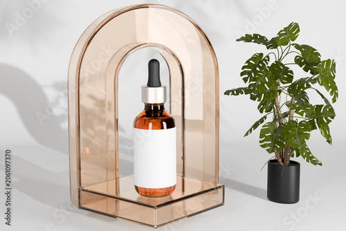 Cosmetic serum dropper bottle mockup with blank white label on glass pedestal near monstera plant, amber glass essential oil template for skincare branding, realistic 3d render