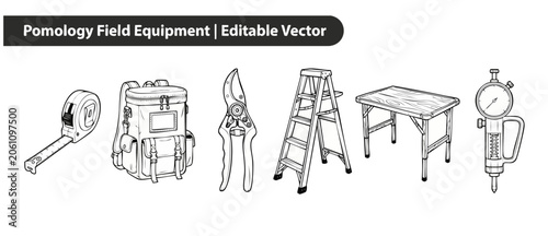 Fotografie Pomology field equipment vector set featuring line art icons of a tape measure,
