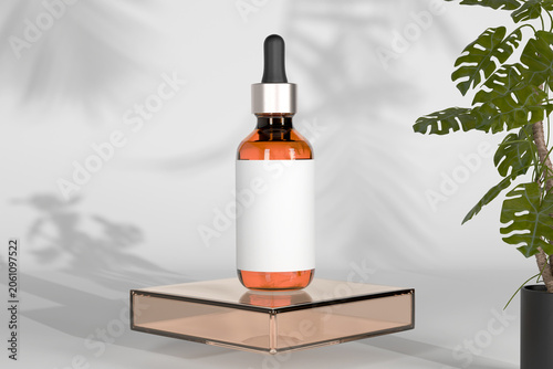 Cosmetic serum dropper bottle mockup with blank white label on square glass pedestal near monstera plant, amber glass essential oil template for skincare branding, realistic 3d render