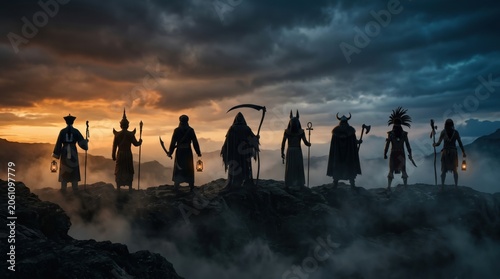 Silhouette of multiple mythical beings and historical warrior standing on cliff at sunset. Fantasy concept featuring reaper, pharaoh, Viking and shaman gathered under dramatic cloudy sky.