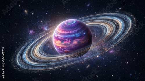 Colorful gas giant planet with glowing rings orbiting in deep space. Imaginary exoplanet in star field. Astronomy, science fiction and celestial discovery concept for scientific cosmic art.