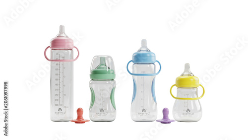 Obraz na plátně Assorted colorful baby feeding bottles with pacifiers on a clean surface Vector