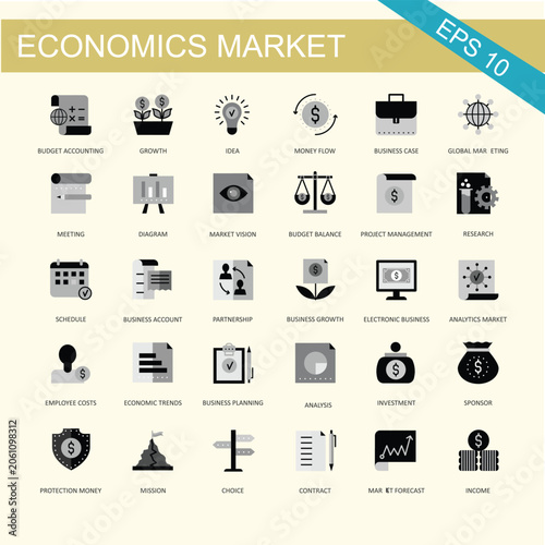 Fotografía Economics market icons set financial business trade concepts with economics