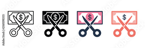 Quadro su tela Minimalist cost reduction icons with scissors cutting currency notes, representing spending cuts, financial planning, budget savings, and cost optimization strategies