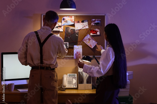 Bild auf Leinwand Detectives investigating crime scene evidence board with photos and red string i