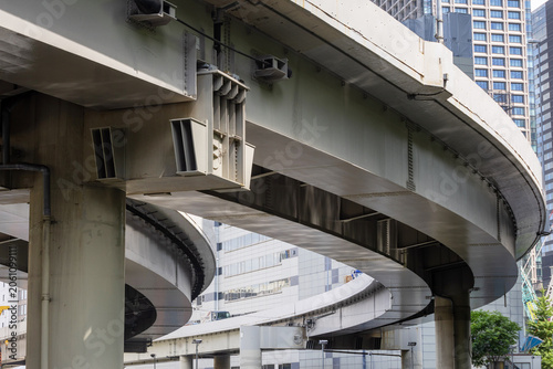 Elevated expressway structure in urban business district, Tokyo, Japan