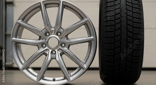 Modern silver car wheel rim and rubber tire illustration