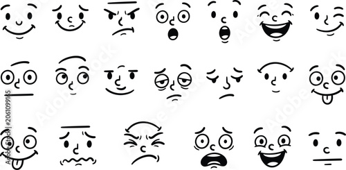 Tableau sur toile Collection Of Cartoon Facial Expressions Black And White Line Art