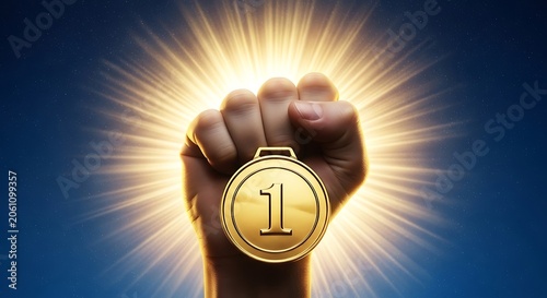 Raised fist holding a gold medal for first place winner illustration