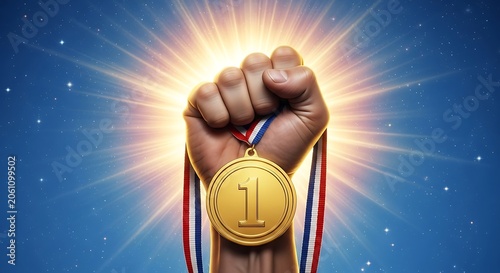 Raised fist holding a gold medal for first place winner illustration