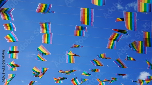 Small colorful rainbow flags strung on wires are fluttering against a clear blue sky, symbolizing support for LGBTQ+ rights, diversity, and inclusion during a celebration or event