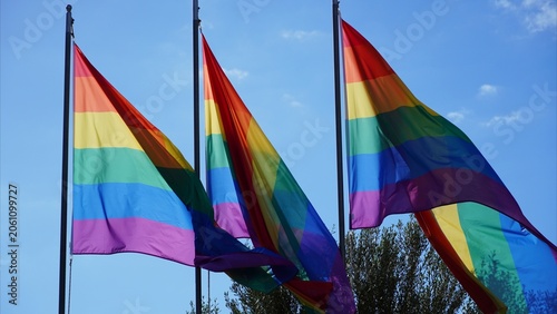 Multiple rainbow pride flags fluttering against a clear blue sky, celebrating LGBTQ+ love, freedom, equality and diversity while expressing solidarity, identity and human rights