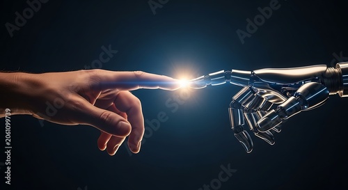Human hand touching robotic hand with spark of energy illustration