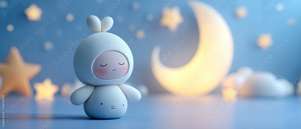 Obraz premium Adorable plush toy in soft blue tones with stars, moon, and clouds, creating a peaceful bedtime atmosphere. Perfect for children's content or nursery themes.