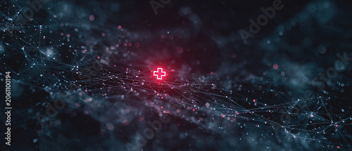 Glowing medical cross surrounded by abstract digital connections, symbolizing healthcare innovation and technology integration.