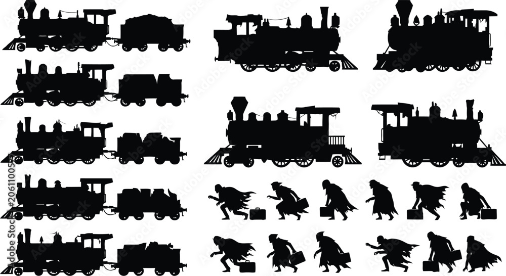Fototapeta premium Black and white train and people silhouettes set