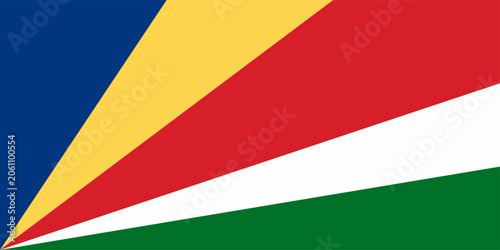 Vector illustration of the Seychelles national flag featuring blue, yellow, red, white and green diagonal stripes. Clean isolated design for travel, geography and education.