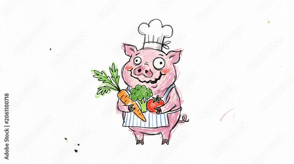 Fototapeta premium Cartoon pig chef smiles, wearing an apron and hat, holding carrot, broccoli, and tomato