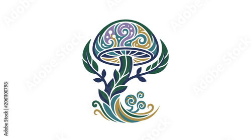 Valokuva Decorative Psychedelic Mushroom with Swirling Patterns and Leaves