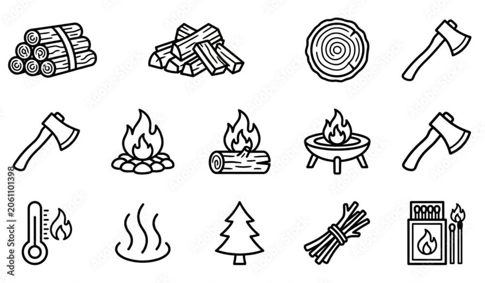 Fototapeta premium Firewood and Campfire Icons Black and White Vector Collection