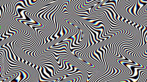 Animated background with optical illusion and colorful distortions. Psychedelic monochrome waves with rainbow loop effect.