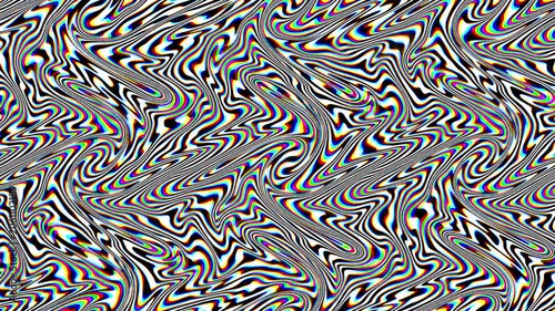 Abstract psychedelic waves with RGB flickering effect. Smooth black and white distortion with chromatic aberration.
