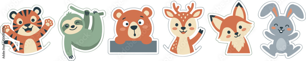 Fototapeta premium Cute Woodland and Jungle Animal Sticker Set Featuring Cartoon Tiger Sloth Bear Deer Fox and Rabbit for Kids Nursery Graphic Designs