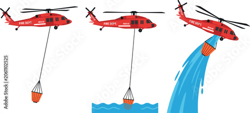 Fire Department Helicopter Set Dropping Water and Dipping Bambi Bucket for Wildfire Suppression Aerial Firefighting Operations Vector Graphic Elements