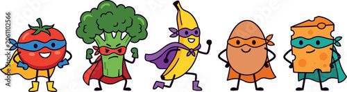 Cute Superhero Healthy Food Character Set Featuring Cartoon Tomato Broccoli Banana Egg and Cheese Mascots Wearing Capes and Eye Masks Vector Illustrations