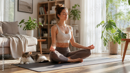 Woman practices yoga with cat nearby