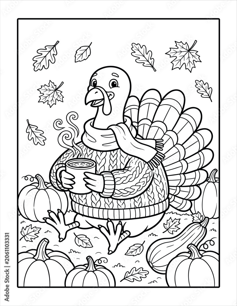 Fototapeta premium Turkey holding hot cocoa mug in autumn sweater coloring page for kids in North America.