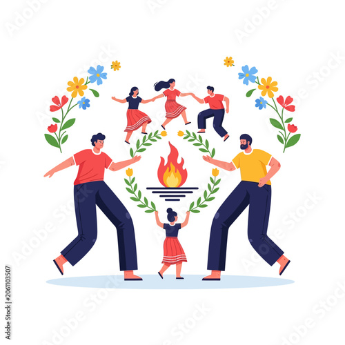 Happy people and children dancing around a bonfire holding a laurel wreath during a summer solstice pagan festival vector illustration