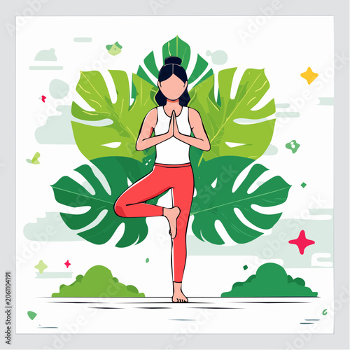Woman Practicing Yoga Tree Pose Amidst Lush Greenery