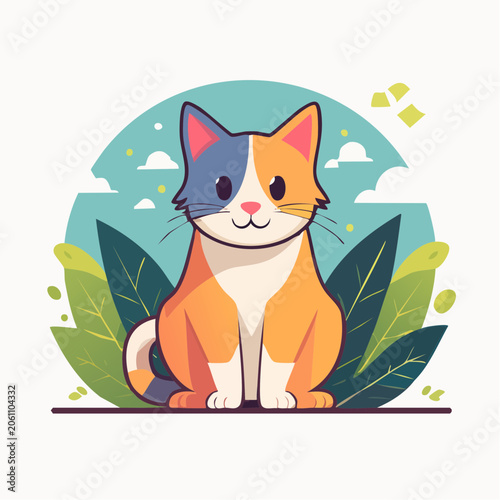 Cute Cartoon Cat Sitting Among Green Leaves