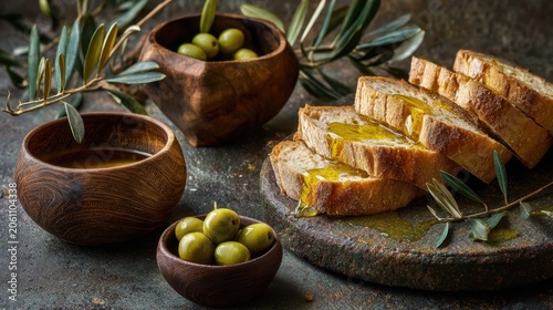 Bread and olives on a table with oil