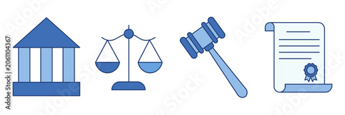 Konstfotografi Law and Justice Icon Set, Courthouse Scales of Justice Gavel and Legal Document