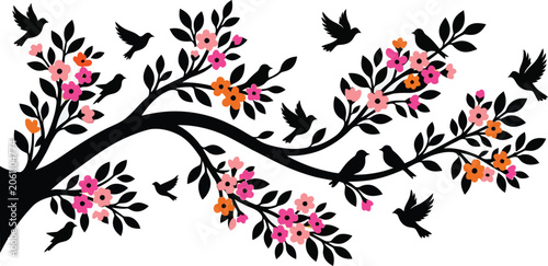 Photography Floral branch with birds silhouette against a white background