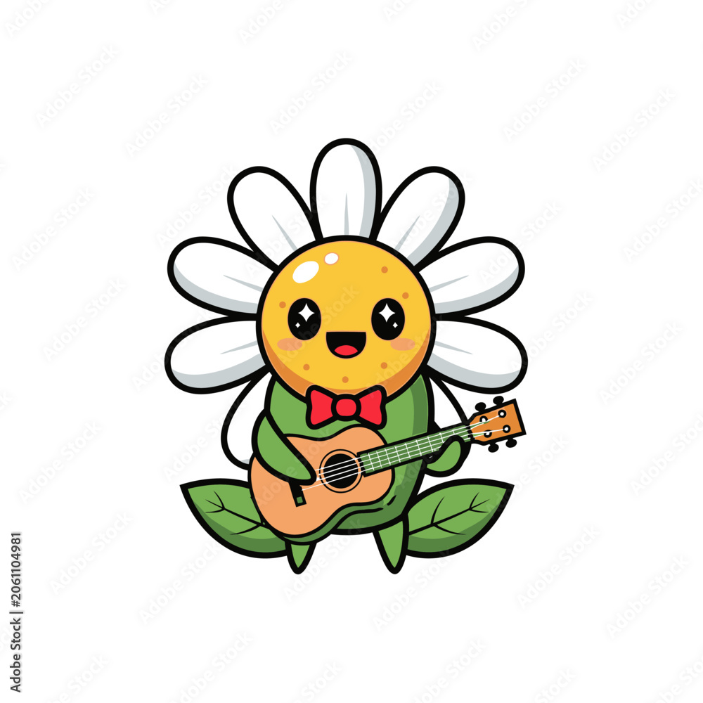 Naklejka premium Cute cartoon daisy flower character playing a small ukulele instrument.