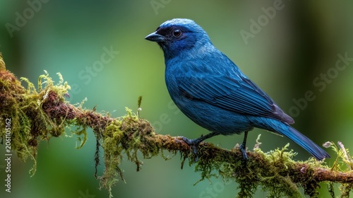 Bright blue bird on a mossy branch